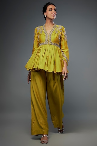 Yellow Silk Palazzo Pant Set by Jayanti Reddy