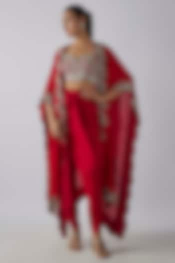 Red Silk Zardosi Embroidered Cape Set by Jayanti Reddy at Pernia's Pop Up Shop