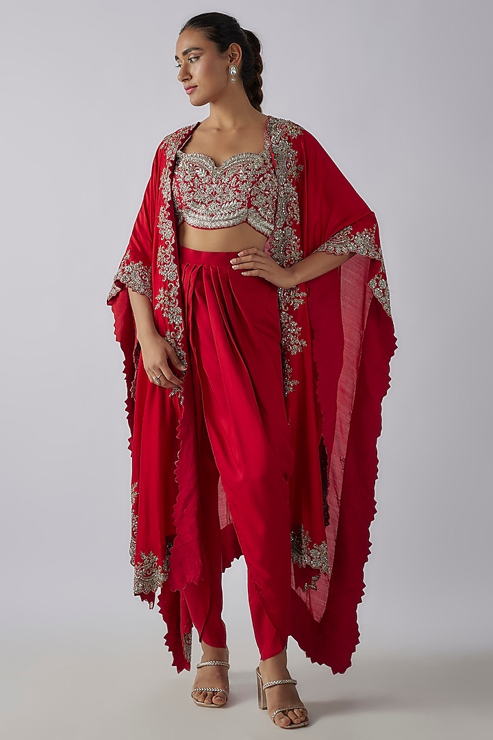 Red Silk Zardosi Embroidered Cape Set by Jayanti Reddy at Pernia's Pop Up Shop