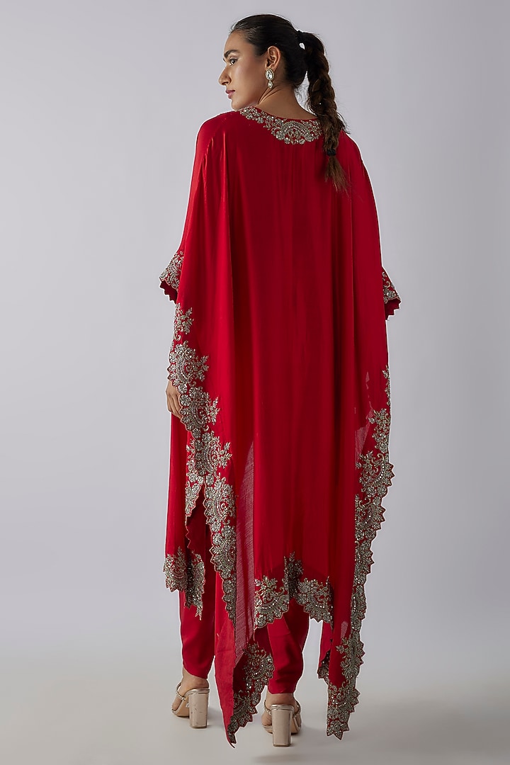 Red Silk Zardosi Embroidered Cape Set by Jayanti Reddy at Pernia's Pop Up Shop