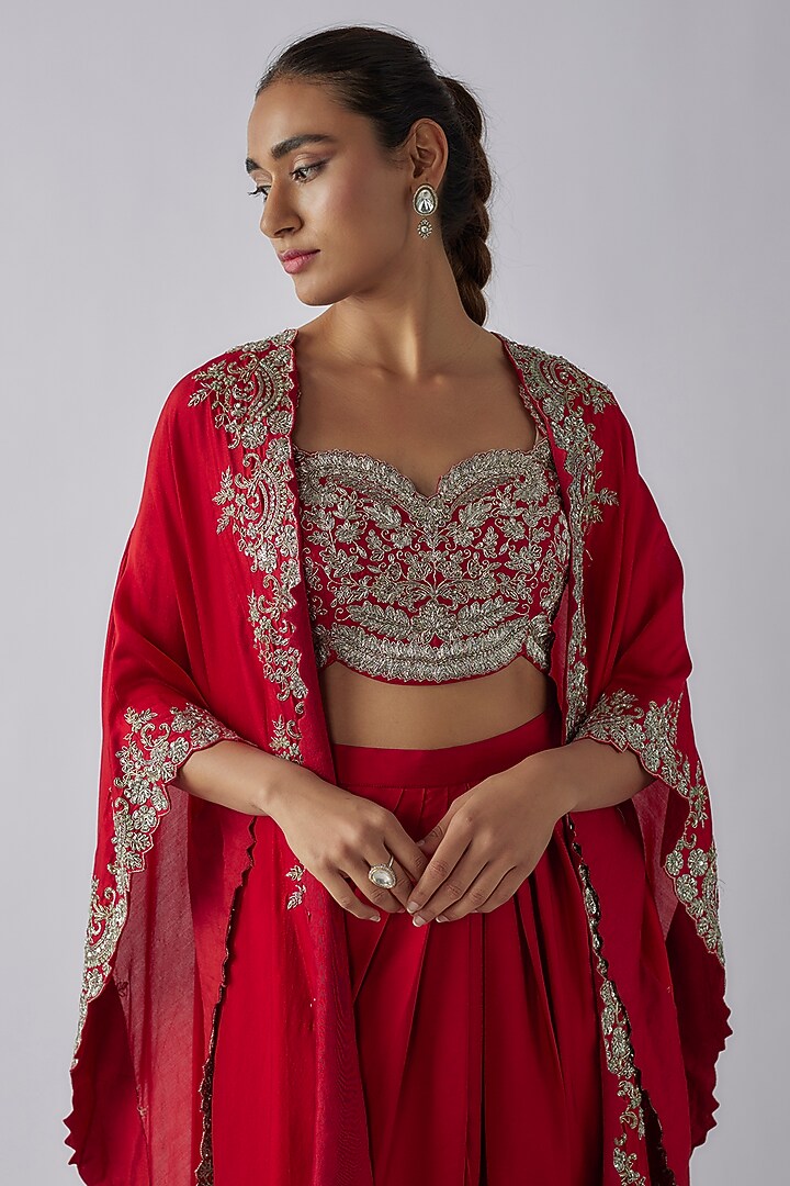 Red Silk Zardosi Embroidered Cape Set by Jayanti Reddy at Pernia's Pop Up Shop