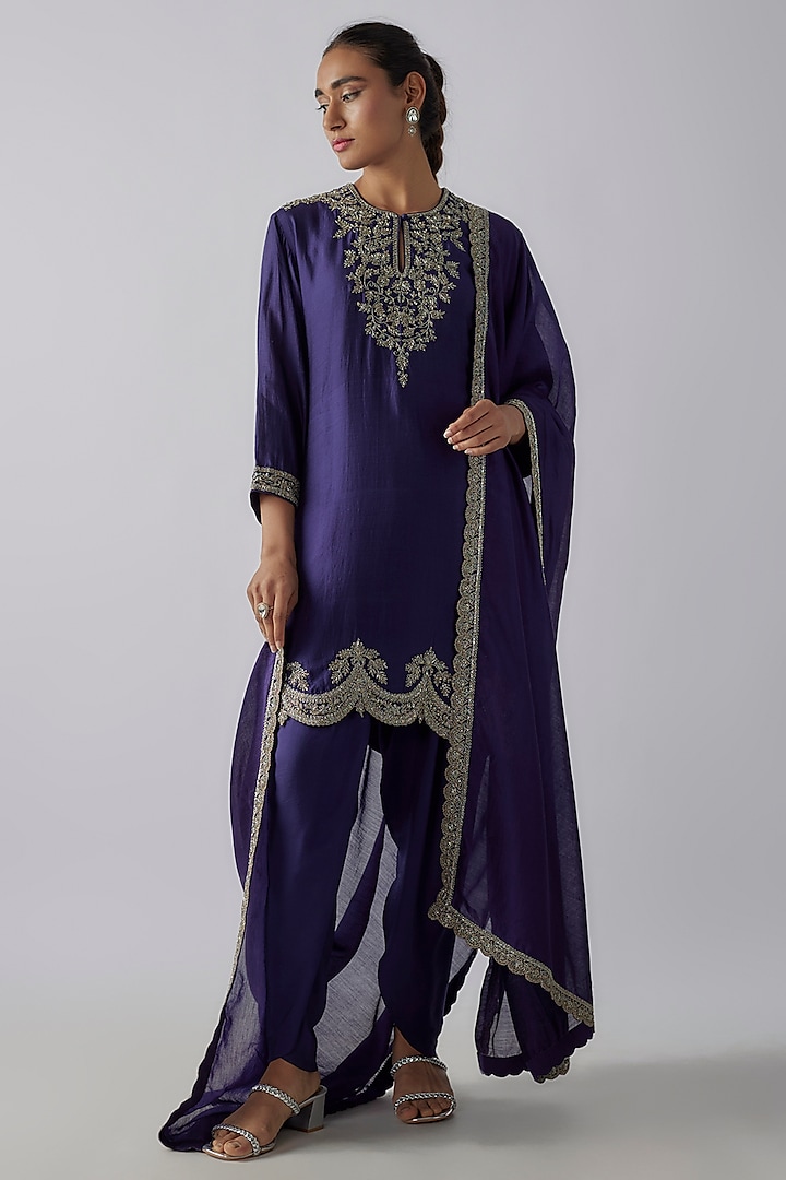 Purple Silk Zardosi Embroidered Kurta Set by Jayanti Reddy