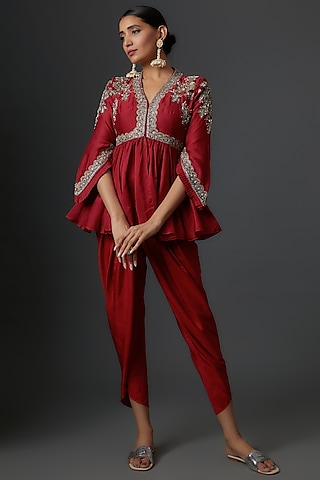Red Silk Dhoti Set by Jayanti Reddy