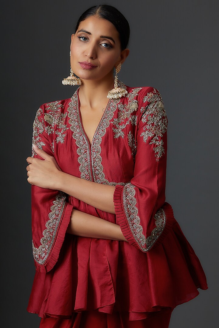 Red Silk Dhoti Set by Jayanti Reddy at Pernia's Pop Up Shop