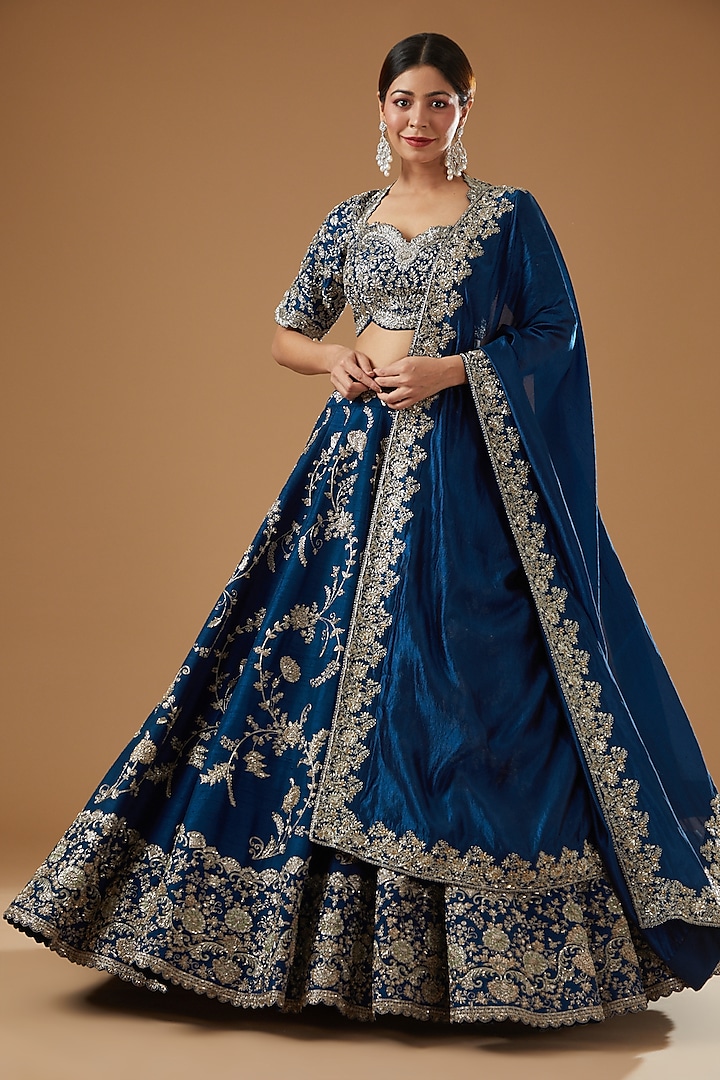 Navy Blue Silk Embroidered Lehenga Set by Jayanti Reddy