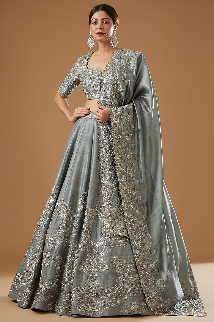 Grey Silk Embroidered Lehenga Set by Jayanti Reddy