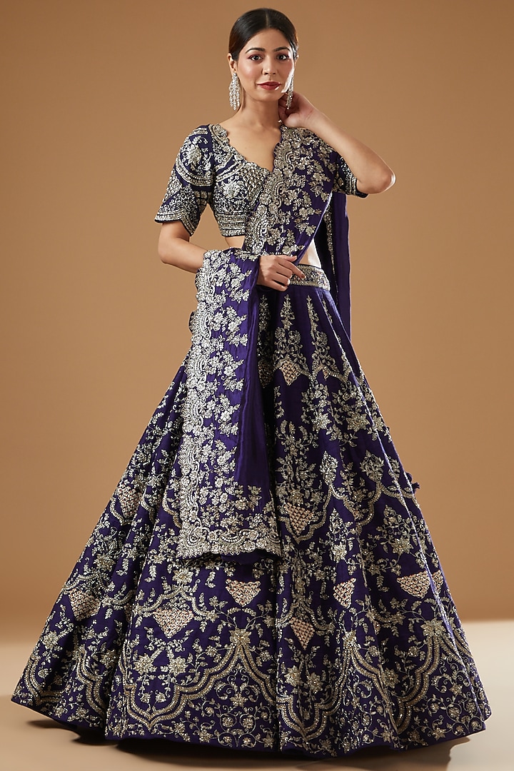 Purple Silk Embroidered Lehenga Set by Jayanti Reddy