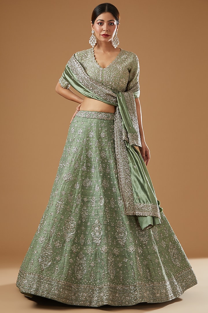 Mint Green Silk Embroidered Lehenga Set by Jayanti Reddy