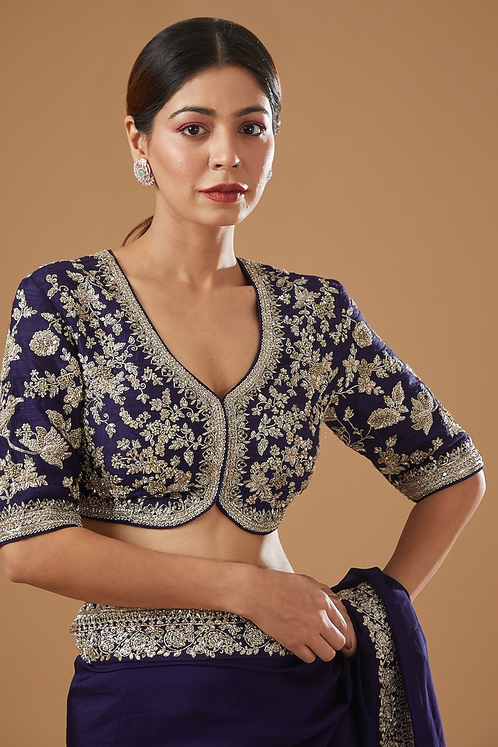 Purple Silk Embroidered Bridal Saree Set by Jayanti Reddy at Pernia's Pop Up Shop