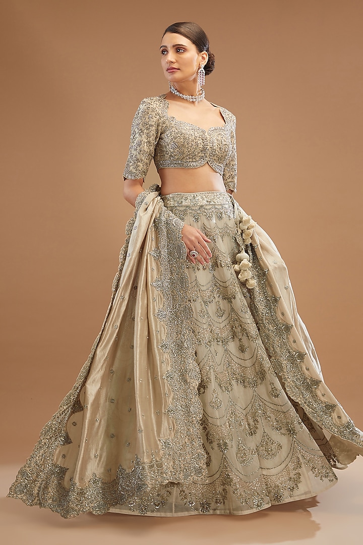 Beige Silk Embroidered Bridal Lehenga Set by Jayanti Reddy at Pernia's Pop Up Shop