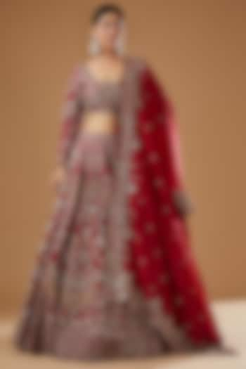 Red Silk Embroidered Lehenga Set by Jayanti Reddy