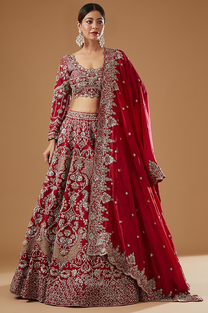 Red Silk Embroidered Lehenga Set by Jayanti Reddy