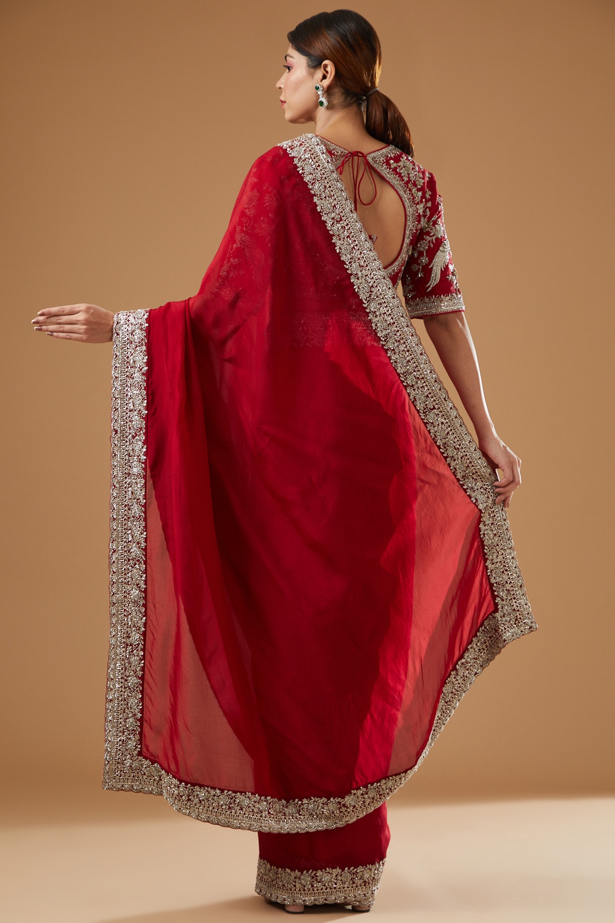 Royal Pakistani Bridal Dress in Deep Red Saree Style – Nameera by Farooq