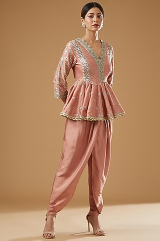 Peach Silk Dhoti Set by Jayanti Reddy