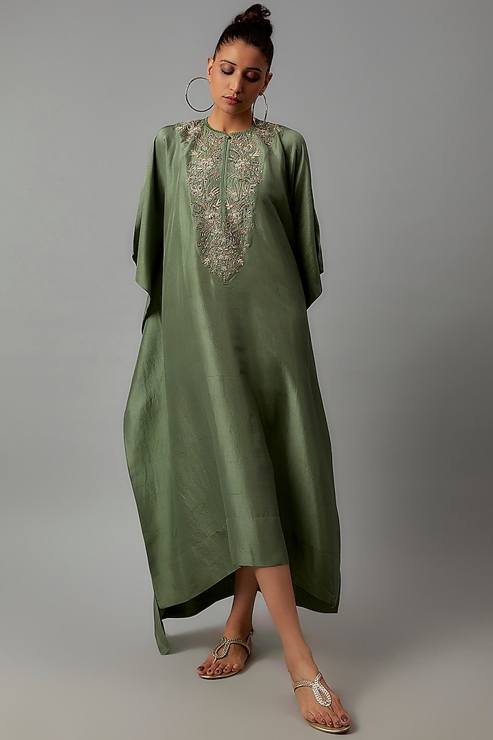 Green Silk Embroidered Kaftan by Jayanti Reddy at Pernia's Pop Up Shop