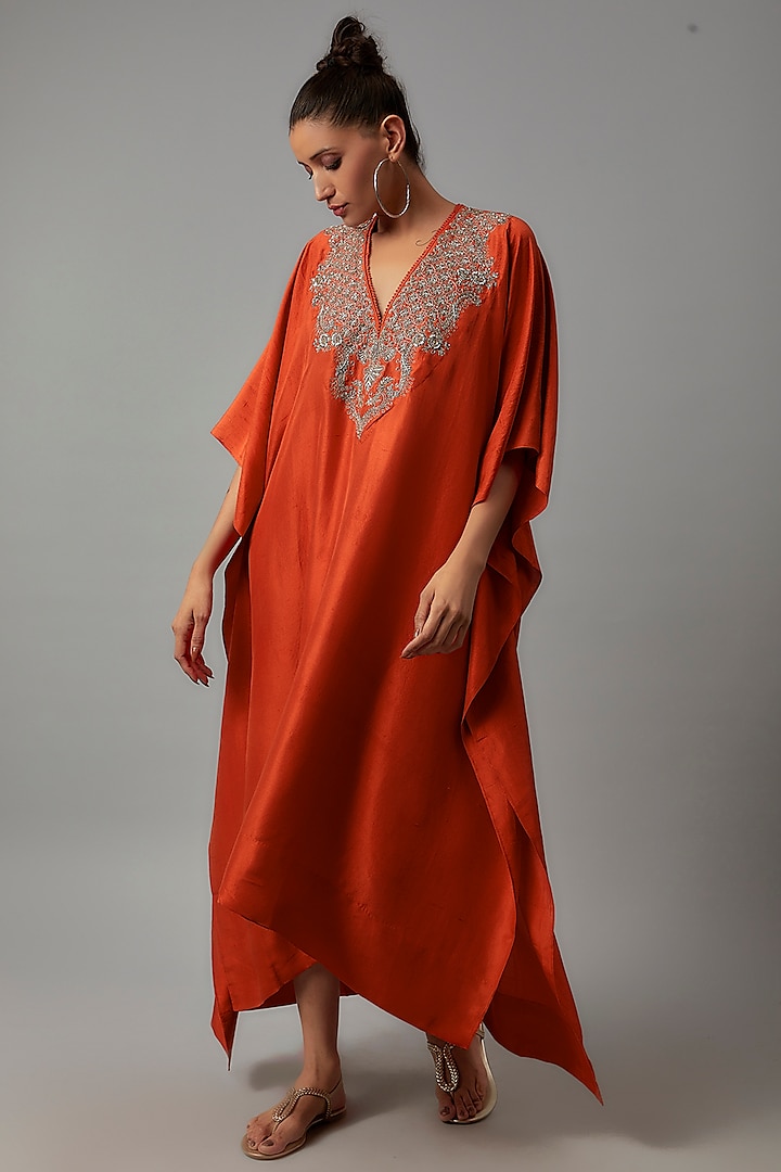 Orange Silk Embroidered Kaftan by Jayanti Reddy