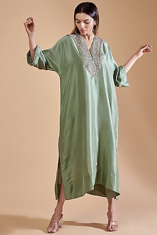 Mint Green Silk Embroidered Kaftan by Jayanti Reddy