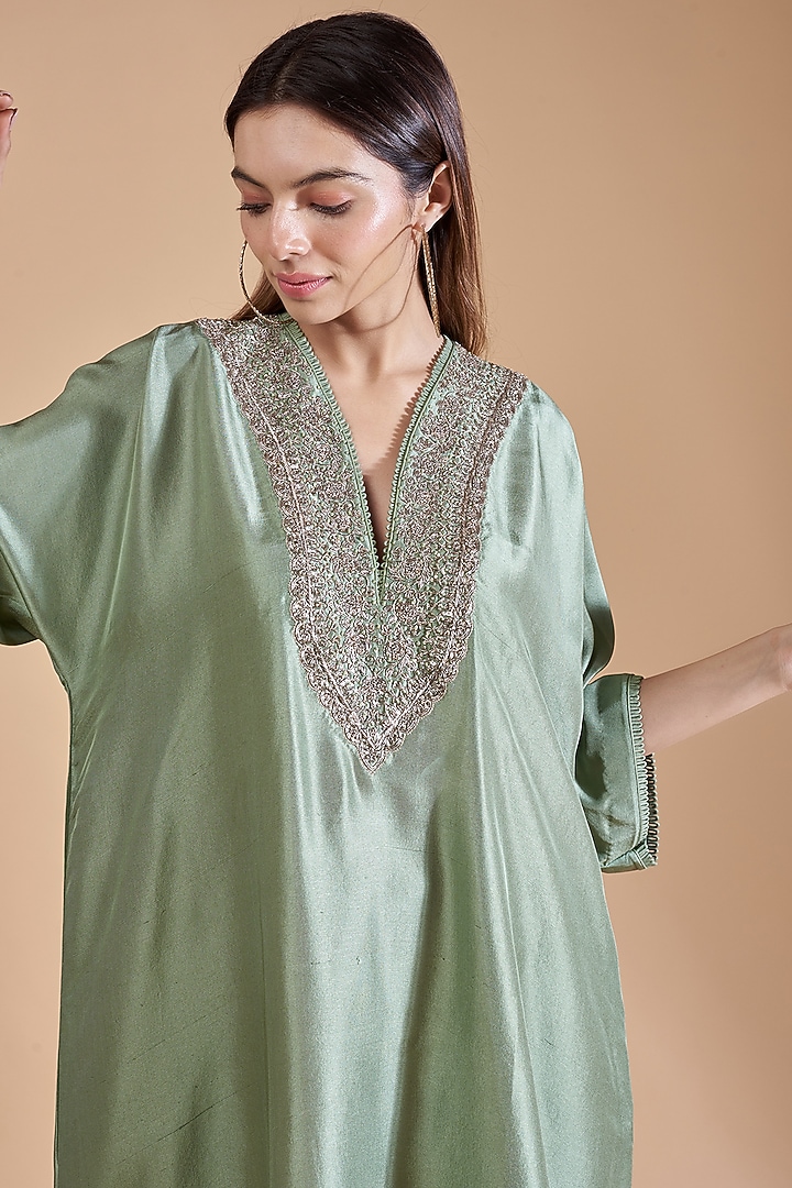 Mint Green Silk Embroidered Kaftan by Jayanti Reddy at Pernia's Pop Up Shop