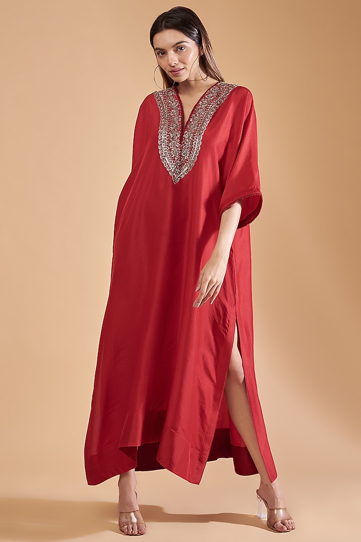 Red Silk Embroidered Kaftan by Jayanti Reddy at Pernia's Pop Up Shop