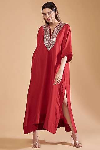 Red Silk Embroidered Kaftan by Jayanti Reddy