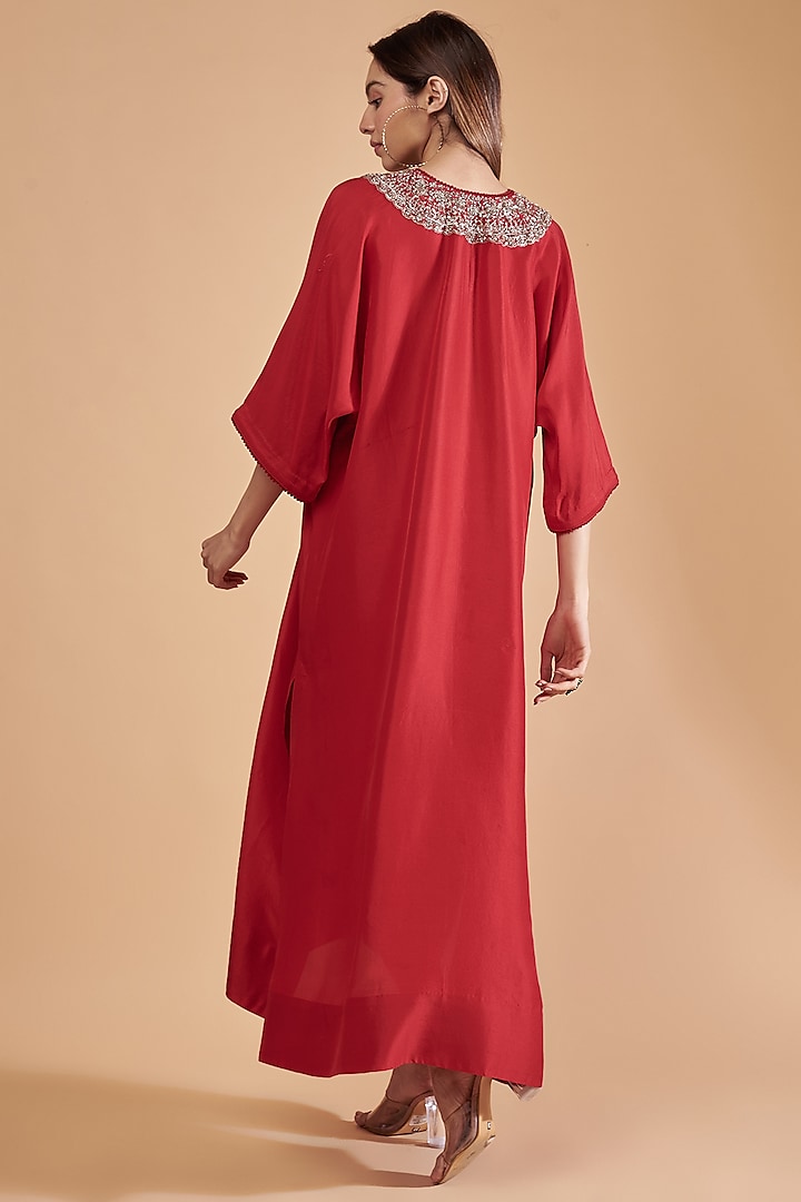 Red Silk Embroidered Kaftan by Jayanti Reddy at Pernia's Pop Up Shop