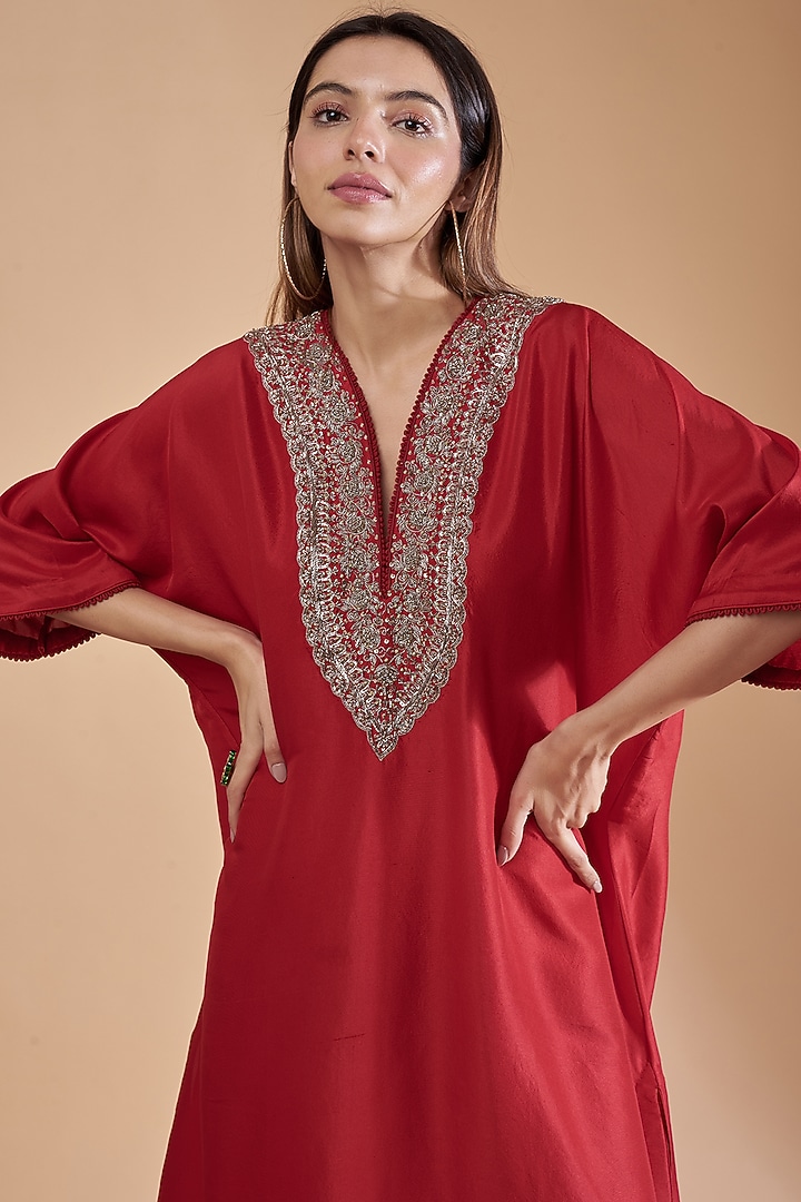 Red Silk Embroidered Kaftan by Jayanti Reddy at Pernia's Pop Up Shop