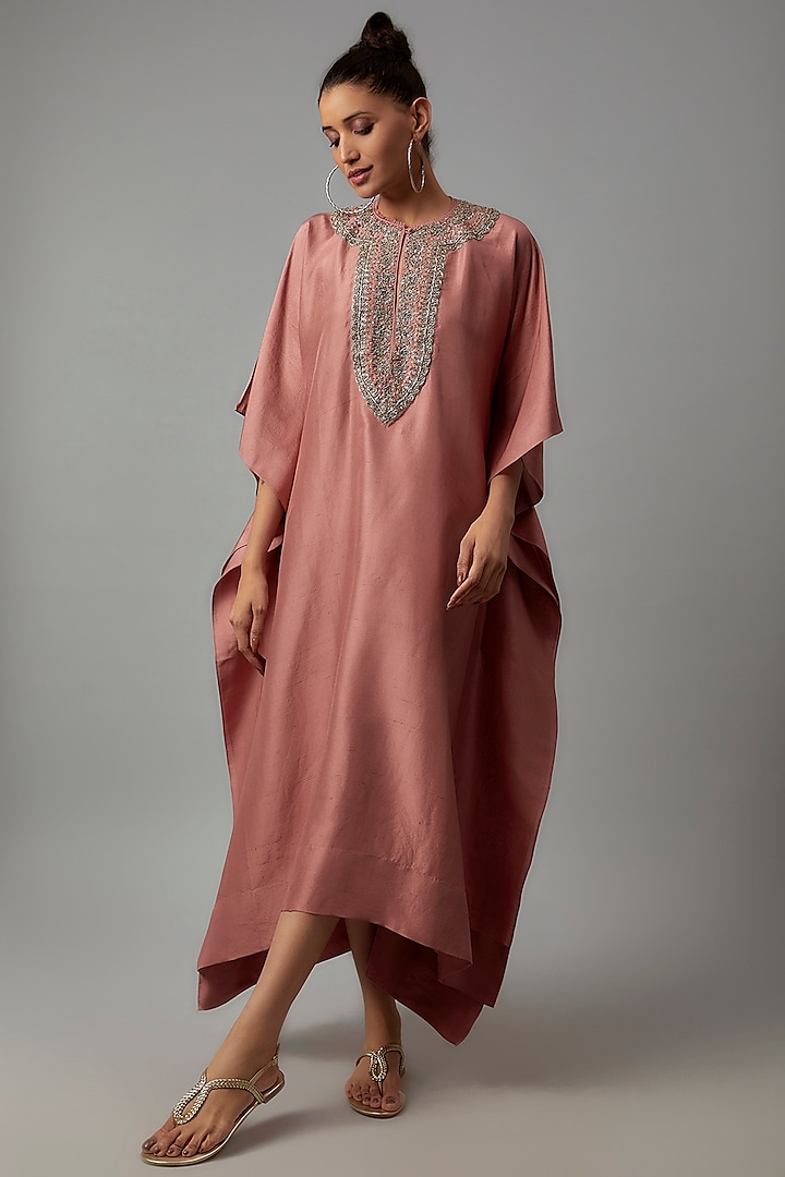 Peach Silk Embroidered Kaftan by Jayanti Reddy at Pernia's Pop Up Shop