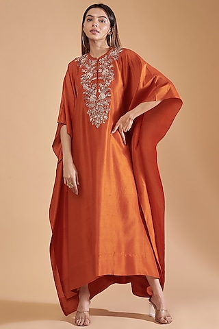 Burnt Orange Silk Embroidered Kaftan by Jayanti Reddy