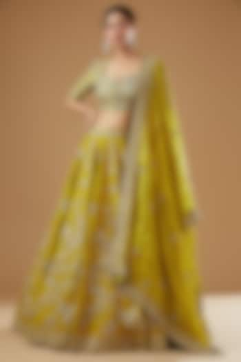 Mustard Silk Embroidered Lehenga Set by Jayanti Reddy