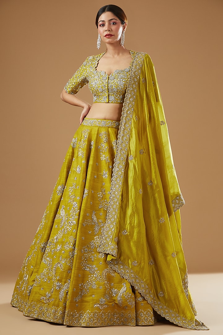 Mustard Silk Embroidered Lehenga Set by Jayanti Reddy