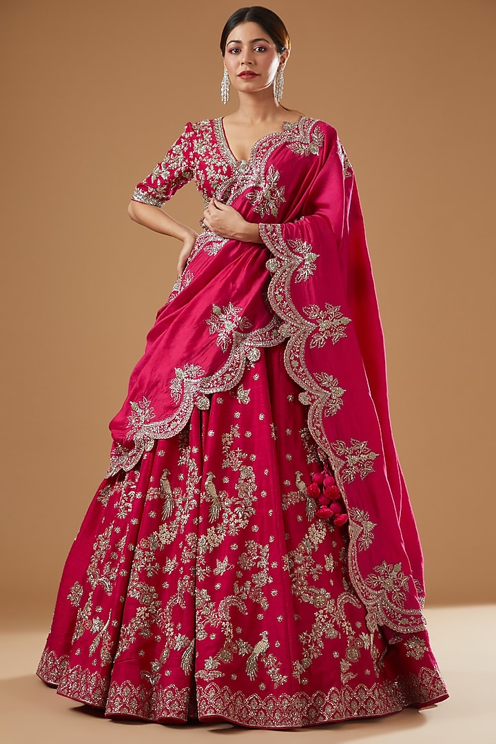 Pink Silk Embroidered Lehenga Set by Jayanti Reddy