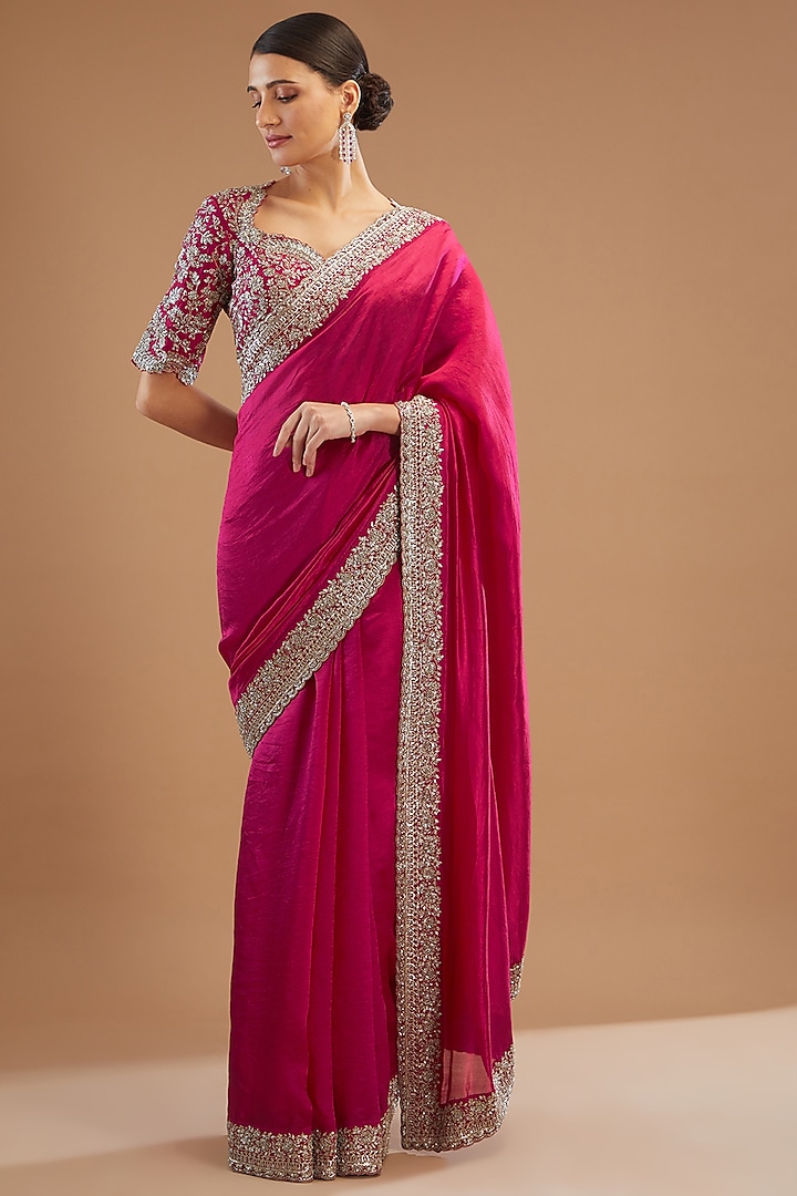 Pink Silk Embroidered Saree Set by Jayanti Reddy