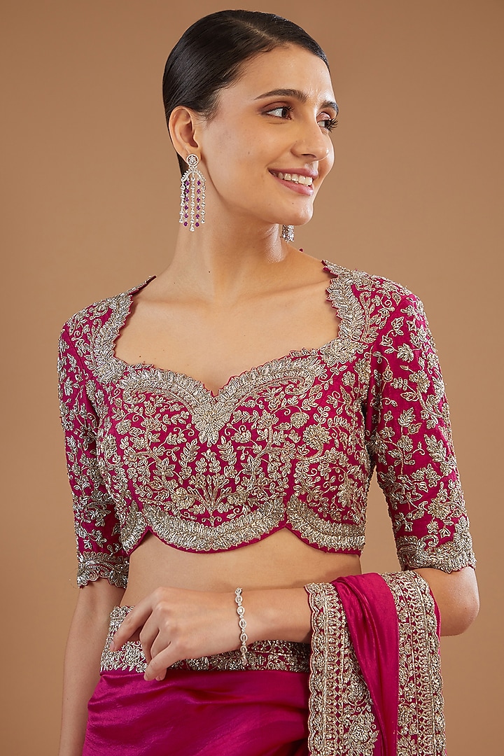 Pink Silk Embroidered Bridal Saree Set by Jayanti Reddy at Pernia's Pop Up Shop