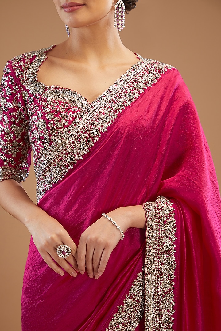 Pink Silk Embroidered Bridal Saree Set by Jayanti Reddy at Pernia's Pop Up Shop