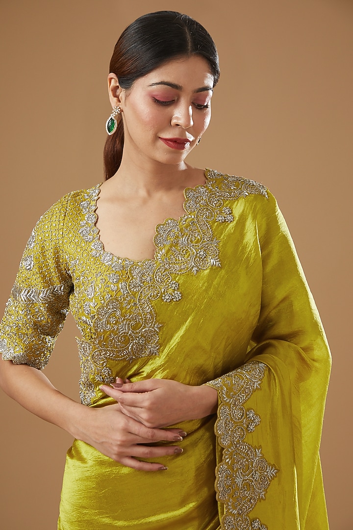 Mustard Silk Embroidered Bridal Saree Set by Jayanti Reddy at Pernia's Pop Up Shop