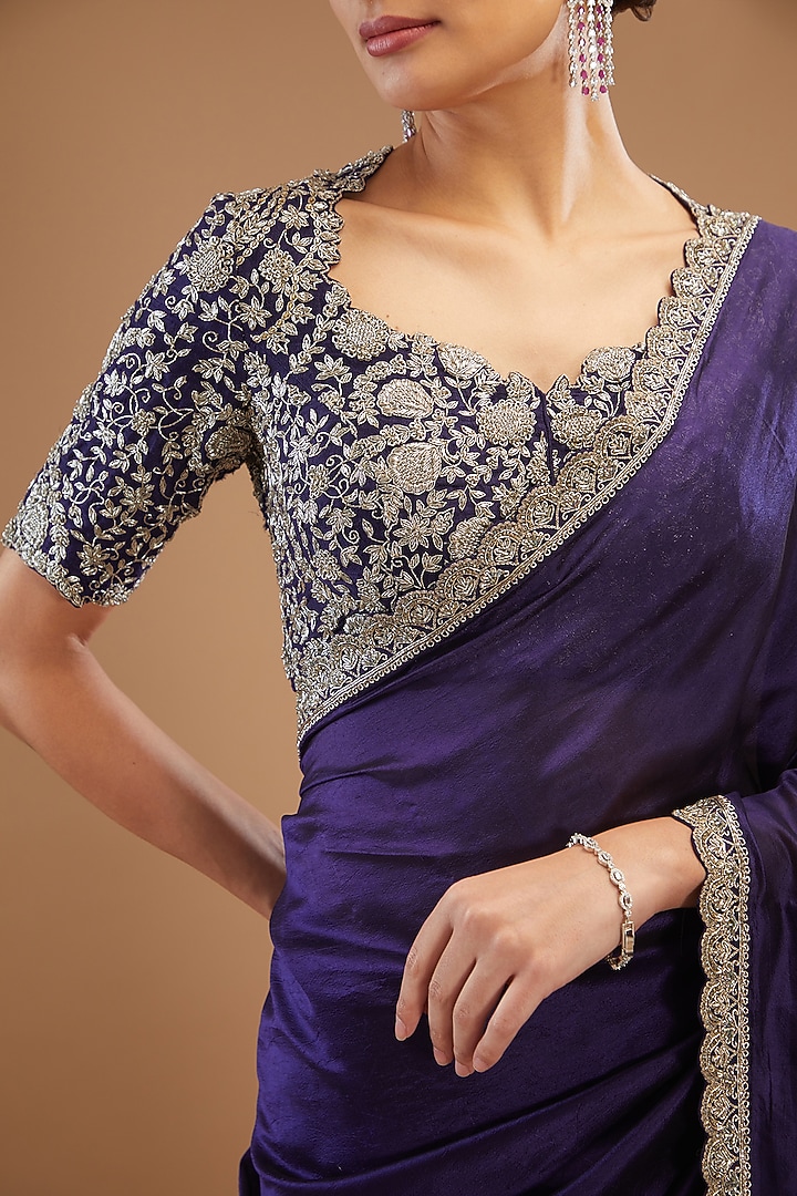 Purple Silk Embroidered Reception Saree Set by Jayanti Reddy at Pernia's Pop Up Shop