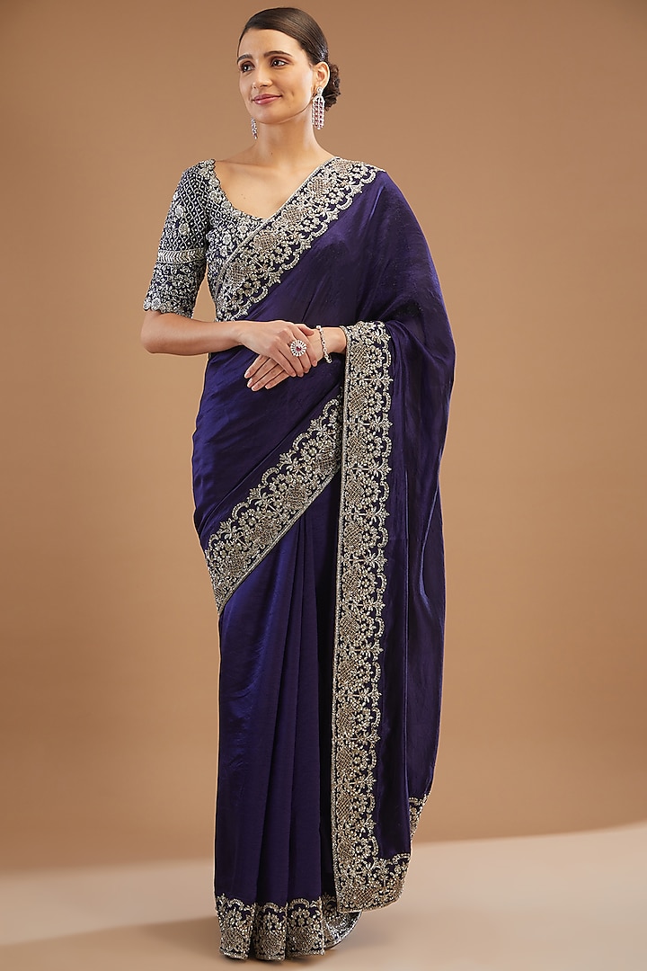 Purple Silk Embroidered Saree Set by Jayanti Reddy