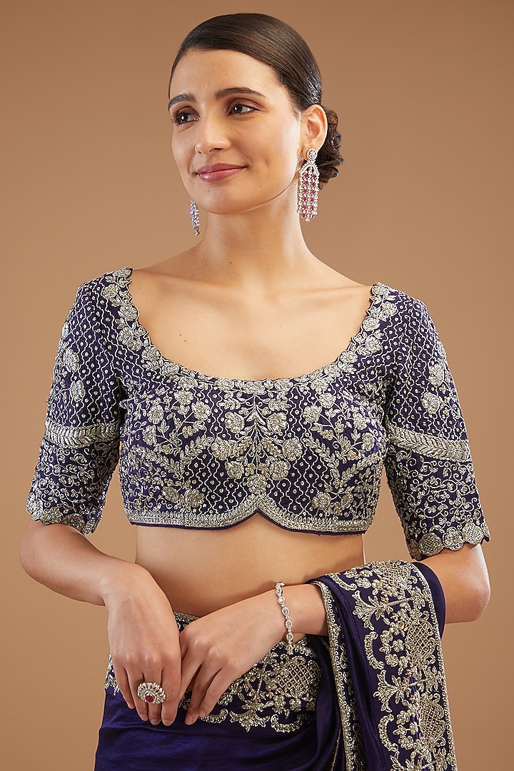 Purple Silk Embroidered Bridal Saree Set by Jayanti Reddy at Pernia's Pop Up Shop