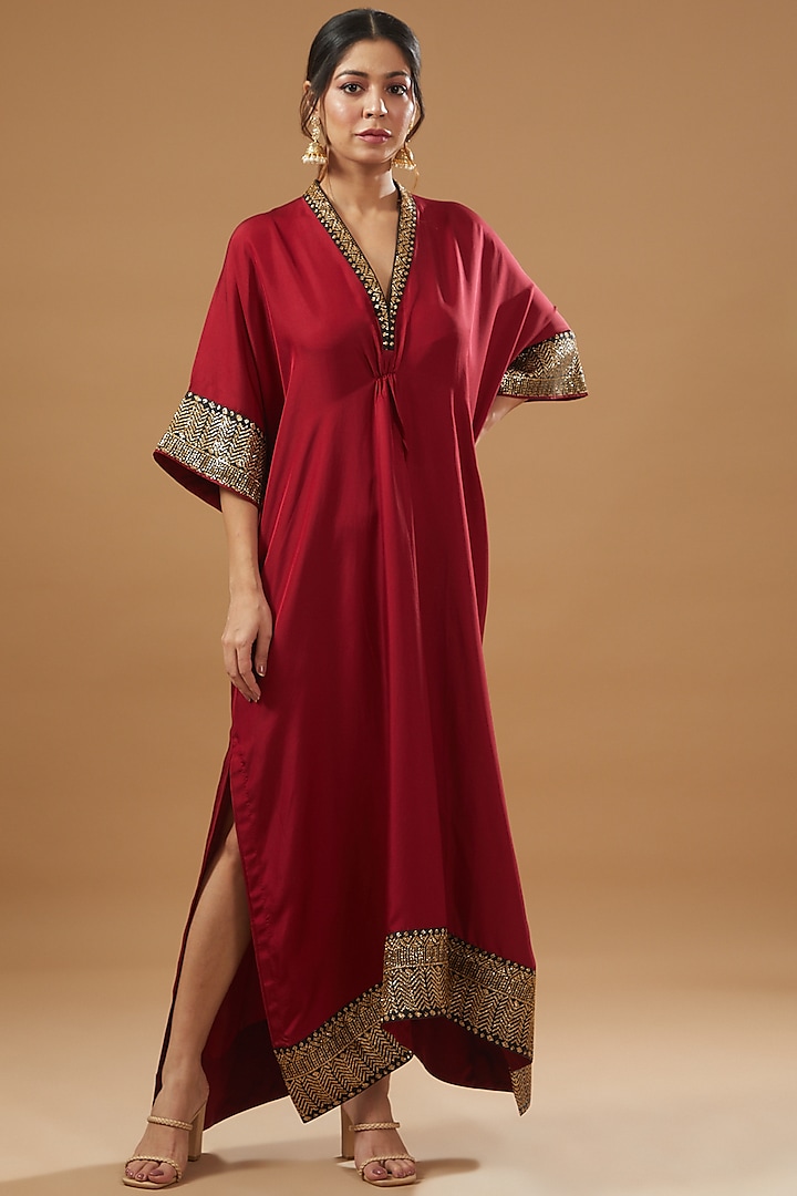 Maroon Twill Embroidered Kaftan by Jayanti Reddy at Pernia's Pop Up Shop