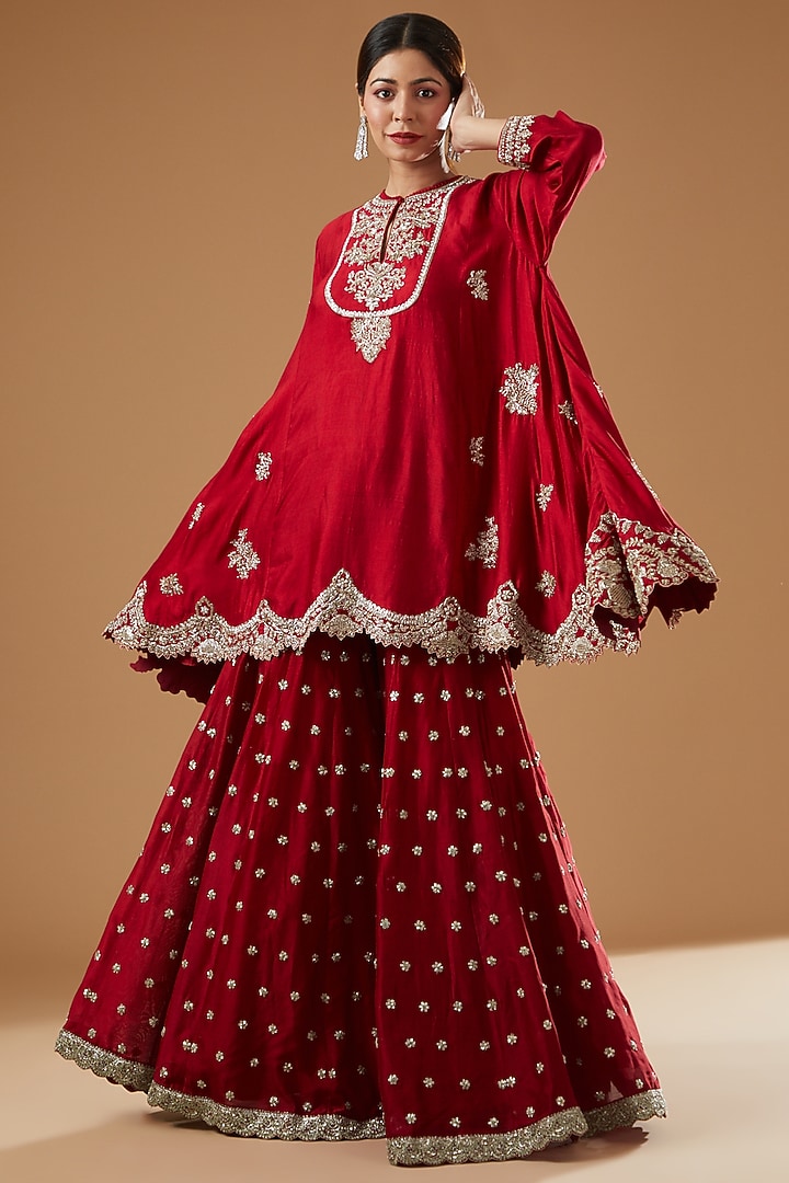 Red Silk Embroidered Bridal Sharara Set by Jayanti Reddy at Pernia's Pop Up Shop