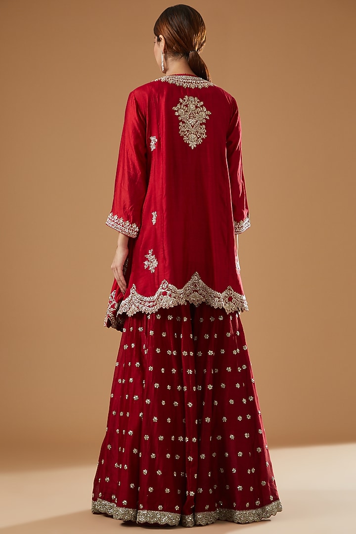 Red Silk Embroidered Bridal Sharara Set by Jayanti Reddy at Pernia's Pop Up Shop