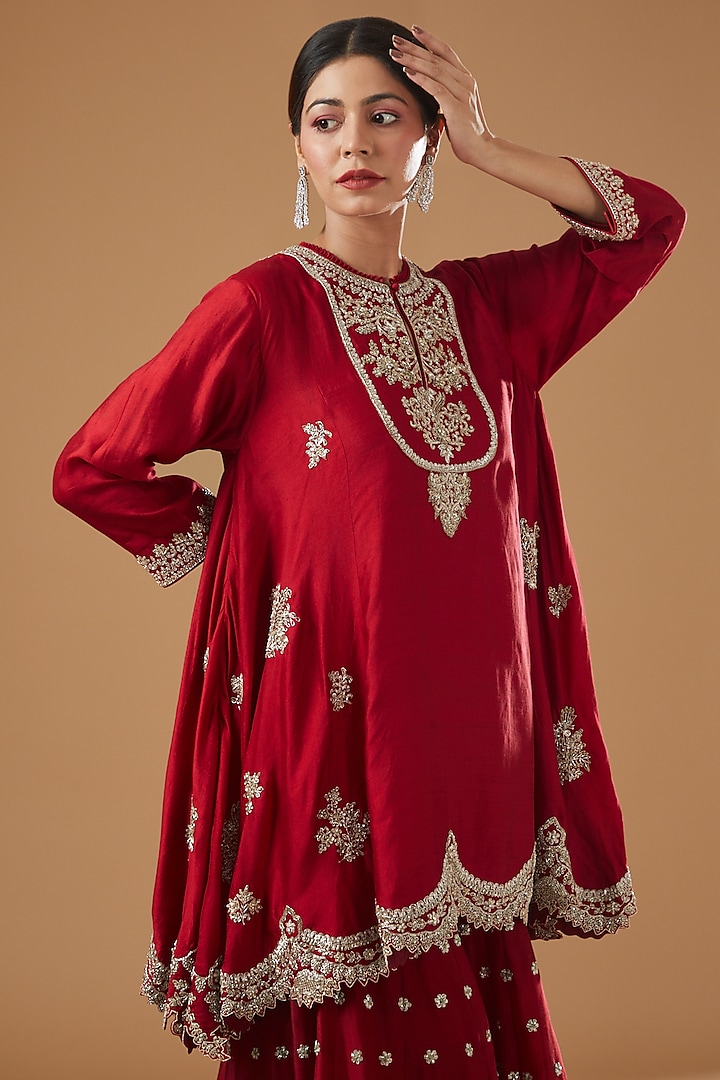 Red Silk Embroidered Bridal Sharara Set by Jayanti Reddy at Pernia's Pop Up Shop