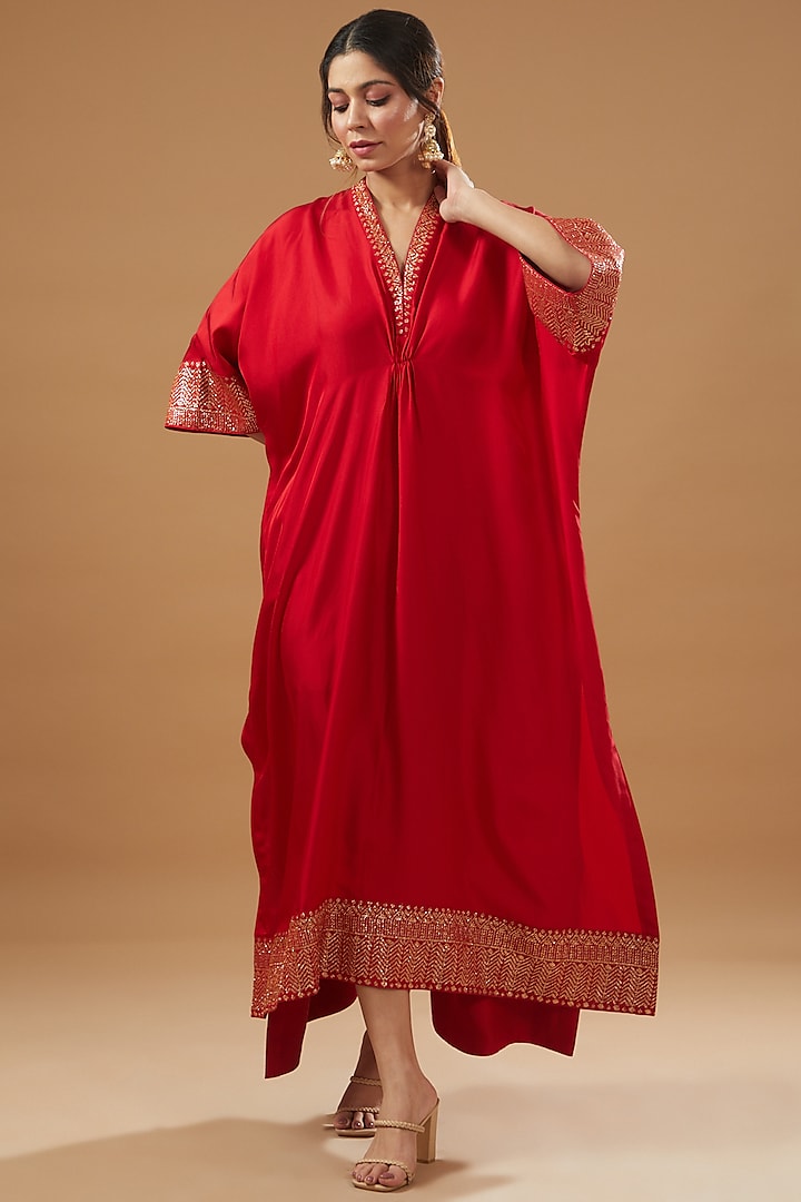 Red Twill Embroidered Kaftan by Jayanti Reddy