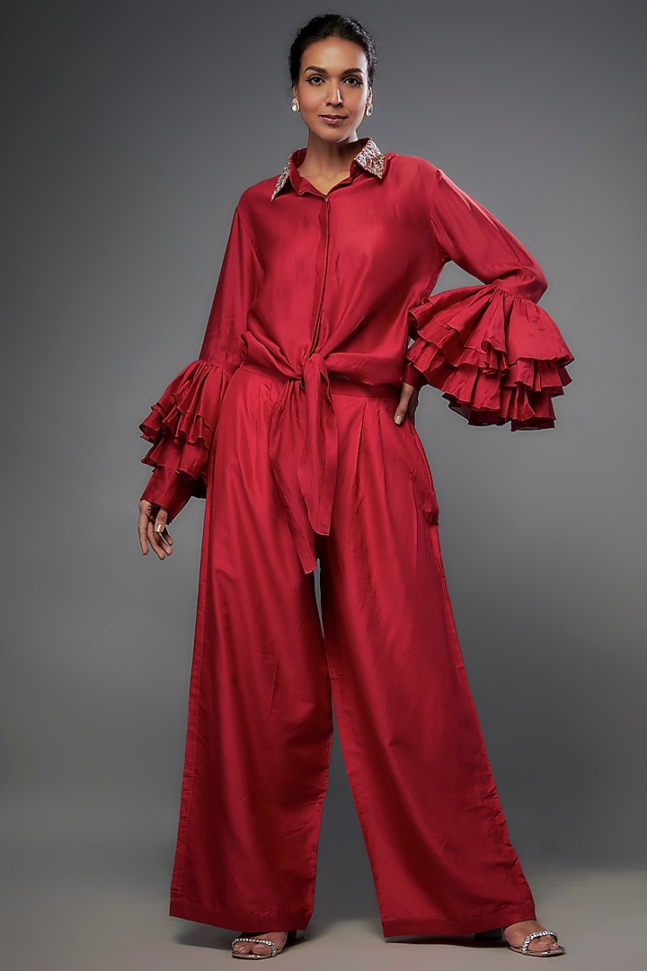 Red Silk Palazzo Pant Set by Jayanti Reddy at Pernia's Pop Up Shop