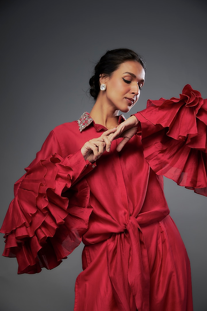 Red Silk Palazzo Pant Set by Jayanti Reddy at Pernia's Pop Up Shop