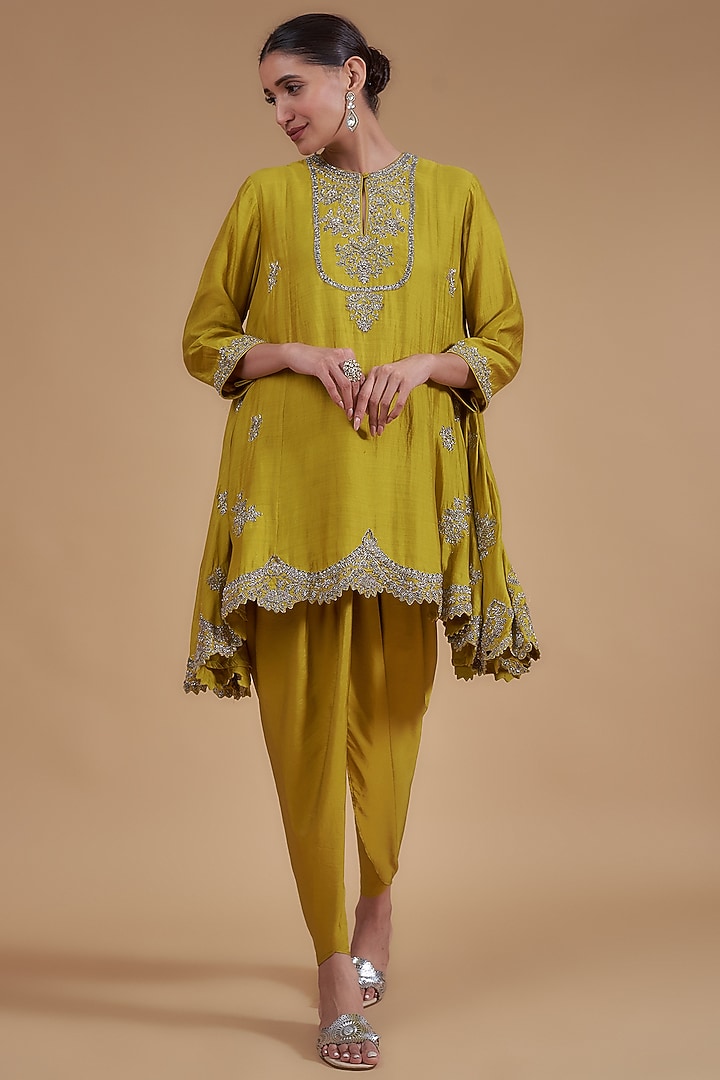 Mustard Yellow Silk Embroidered A-Line Tunic Set by Jayanti Reddy at Pernia's Pop Up Shop