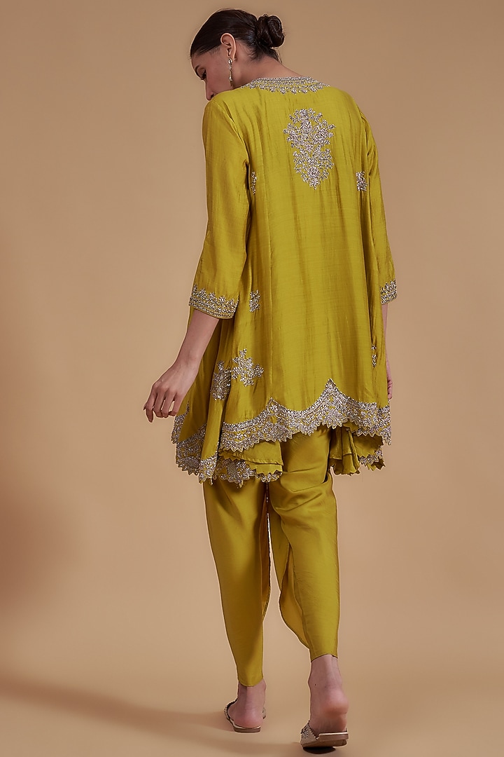Mustard Yellow Silk Embroidered A-Line Tunic Set by Jayanti Reddy at Pernia's Pop Up Shop