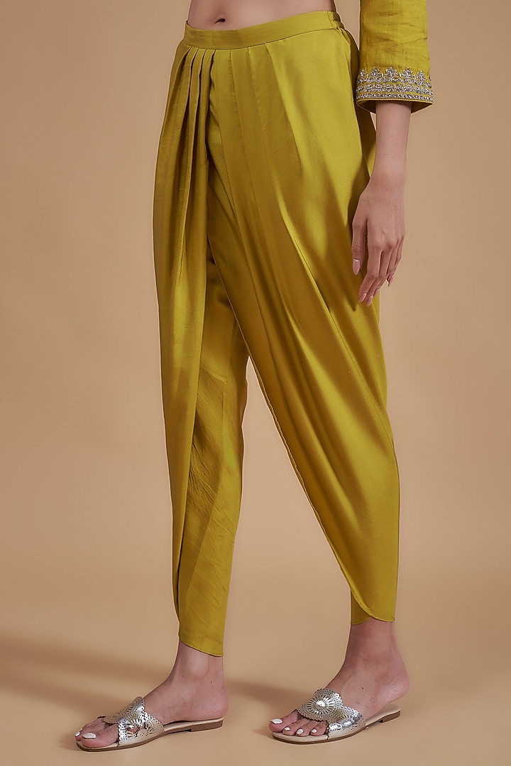 Mustard Yellow Silk Embroidered A-Line Tunic Set by Jayanti Reddy at Pernia's Pop Up Shop