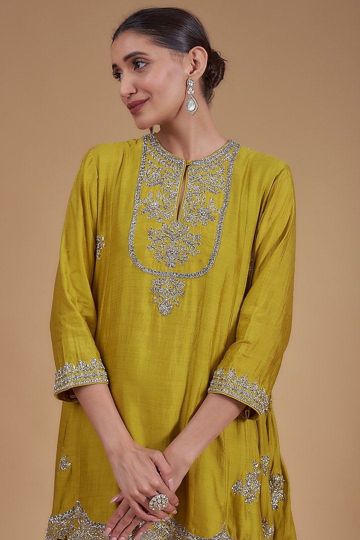 Mustard Yellow Silk Embroidered A-Line Tunic Set by Jayanti Reddy at Pernia's Pop Up Shop