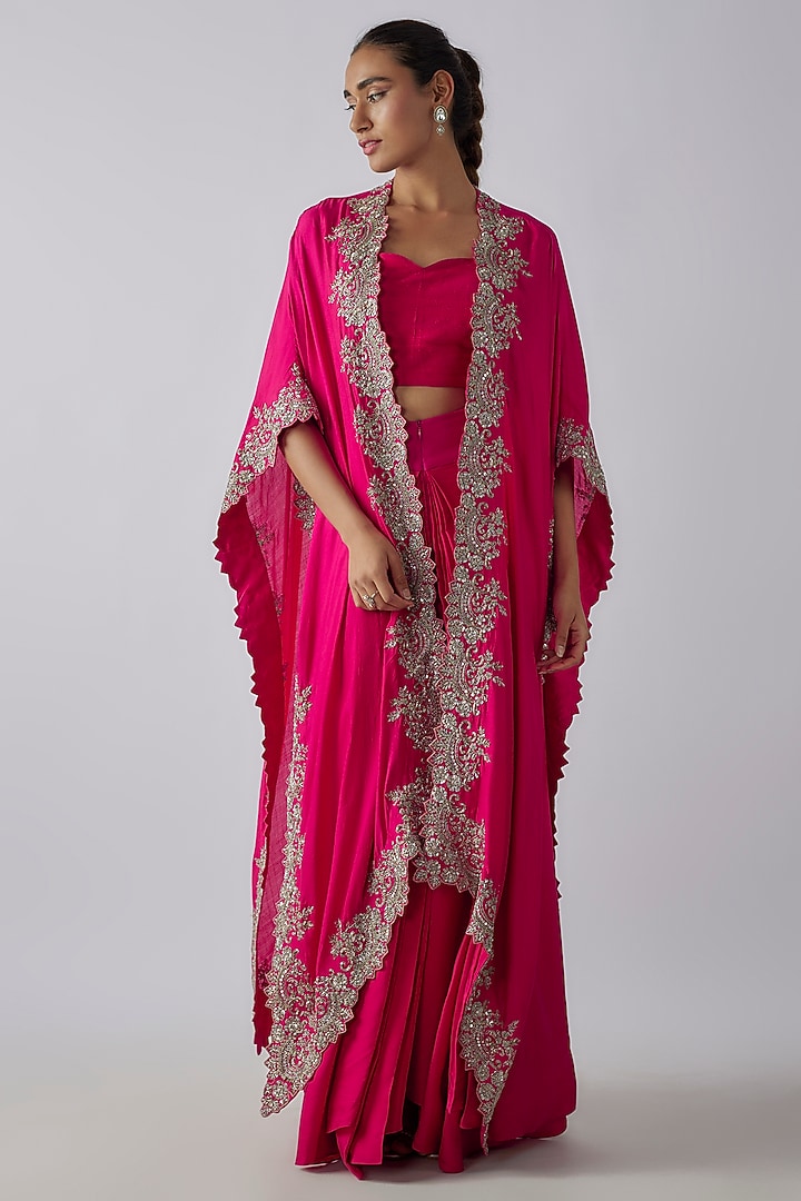 Fuchsia Silk Zardosi Embroidered Cape Set by Jayanti Reddy at Pernia's Pop Up Shop
